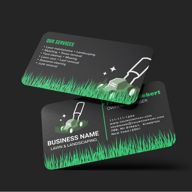 Professional Black Green Lawn Care & Landscaping Business Card (Creator Uploaded)
