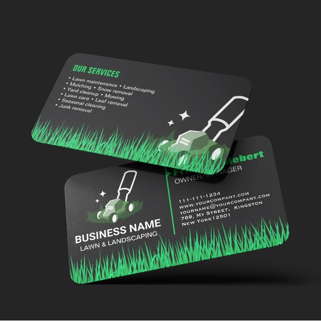 Professional Black Green Lawn Care & Landscaping Business Card (Creator Uploaded)