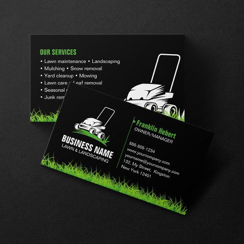 Professional Black Green Lawn Care  Landscaping Business Card