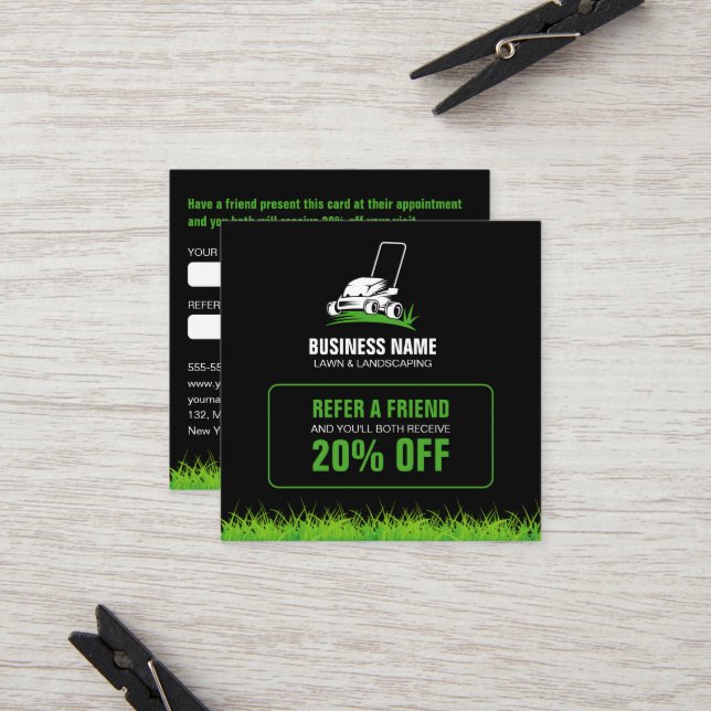 Professional Black Green Lawn Care & Landscaping Referral Card (Front/Back In Situ)