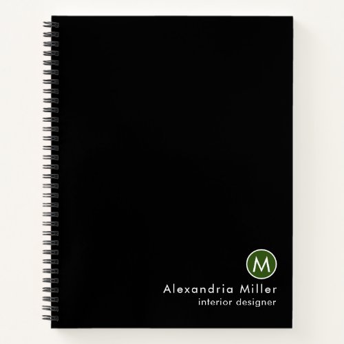 Professional Black Green Minimalist Monogram Notebook