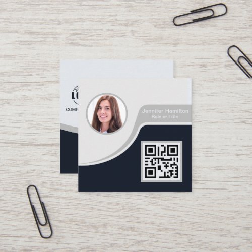 Professional Black Grey add your Logo QR Code Square Business Card