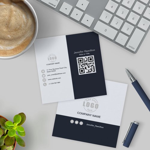 Professional Black Grey add your Logo QR Code Square Business Card