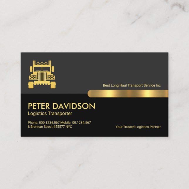 Professional Black Grey Layers Gold Tab Trucking Business Card (Front)