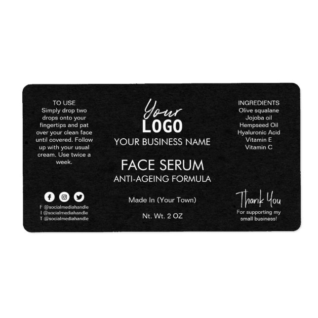 Professional Black Kraft Texture Face Oil Serum Label (Front)
