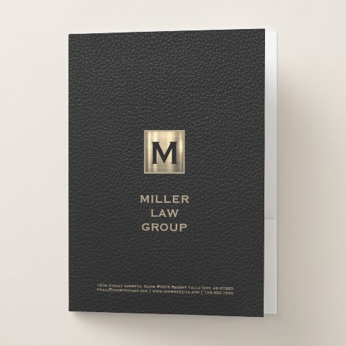 Professional Black Leather Print with Gold Initial Pocket Folder