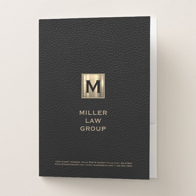 Professional Black Leather Print with Gold Initial Pocket Folder (Front)