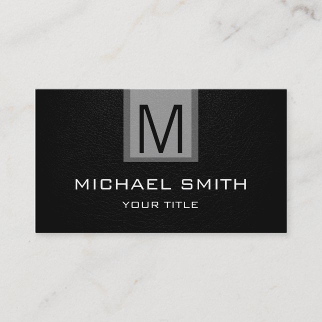 Professional Black Leather Textured Monogram Business Card (Front)