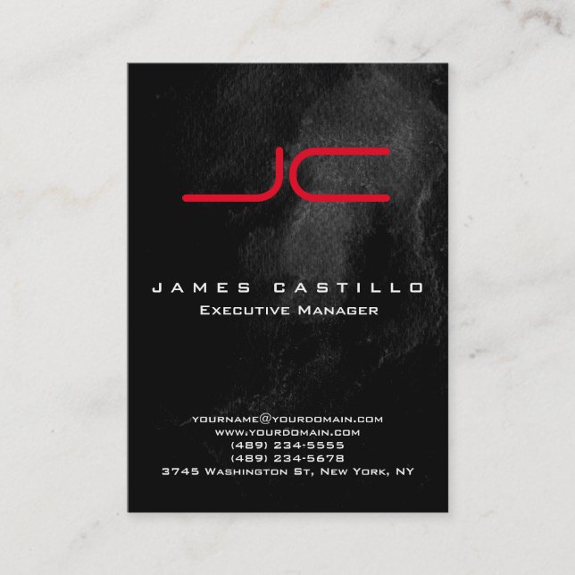 Professional Black Marble Red Bold Monogram Business Card (Front)