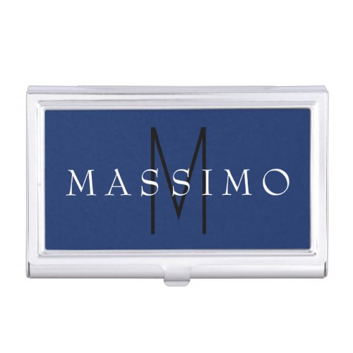 Professional Black Monogram Blue Your Name Business Card Case