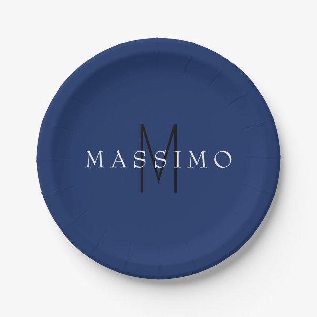 Professional Black Monogram Blue Your Name Paper Plates (Front)