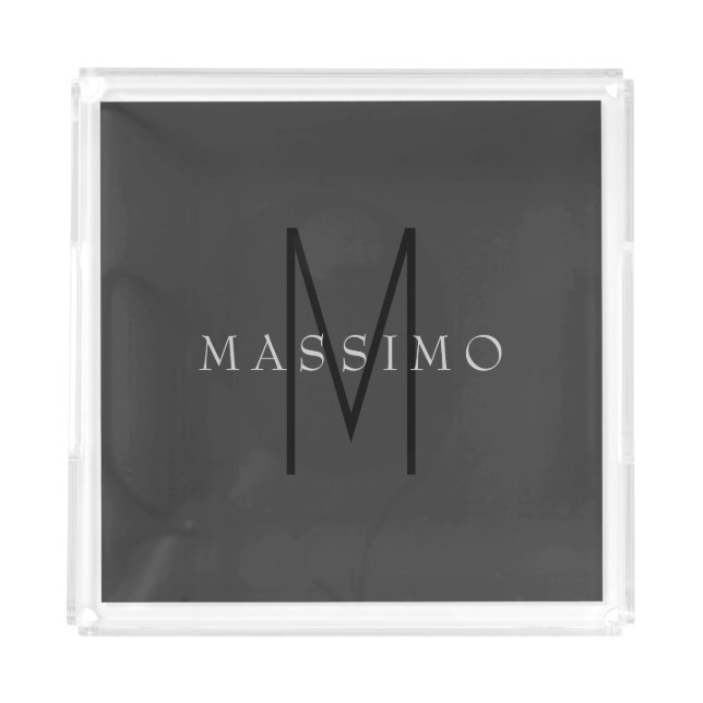 Professional Black Monogram Gray Your Name Acrylic Tray (Front)
