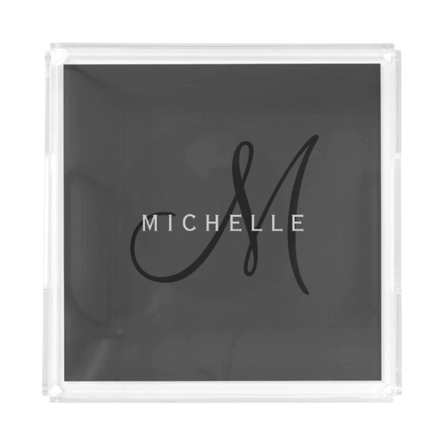 Professional Black Monogram Gray Your Name Acrylic Tray (Front)