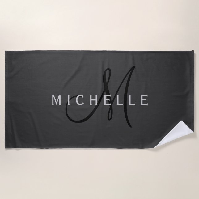 Professional Black Monogram Gray Your Name Beach Towel (Front)