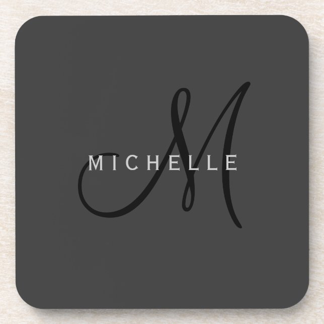Professional Black Monogram Gray Your Name Beverage Coaster (Front)