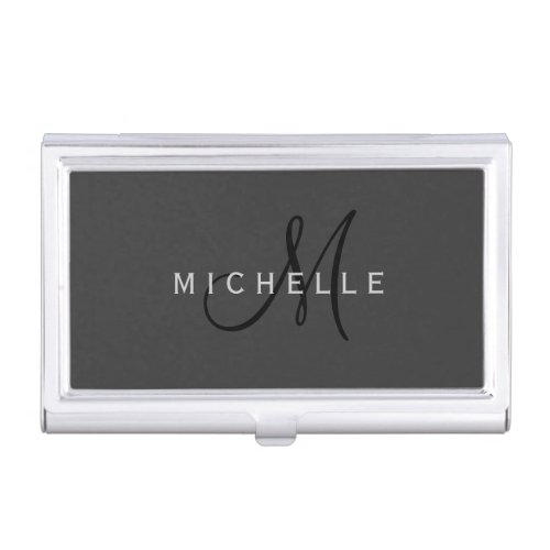 Professional Black Monogram Gray Your Name Business Card Case