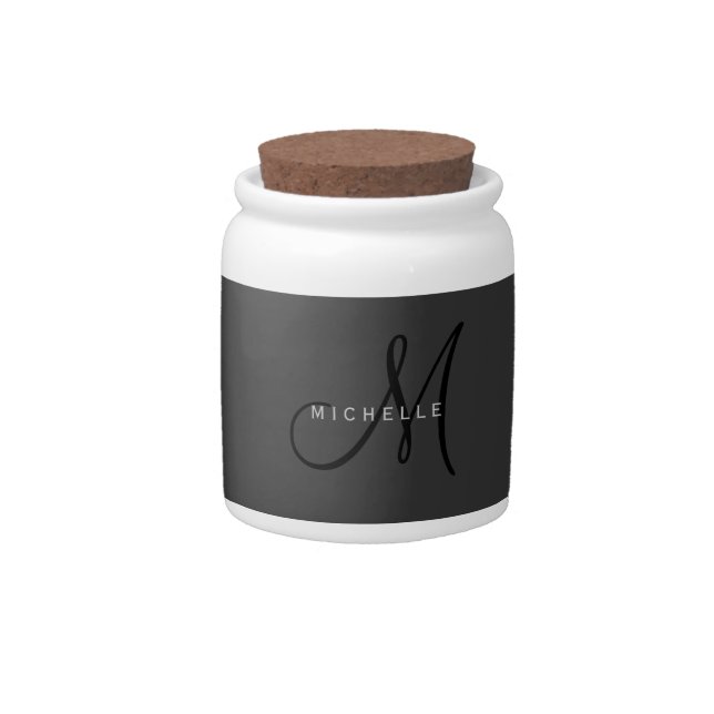 Professional Black Monogram Gray Your Name Candy Jar (Front)