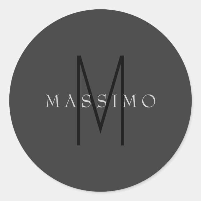Professional Black Monogram Gray Your Name Classic Round Sticker (Front)