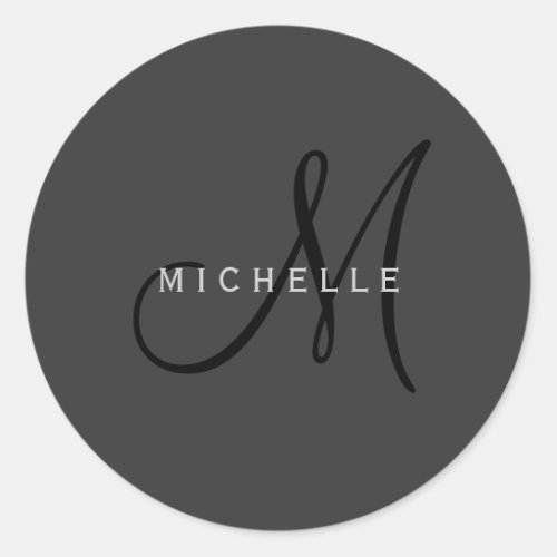 Professional Black Monogram Gray Your Name Classic Round Sticker