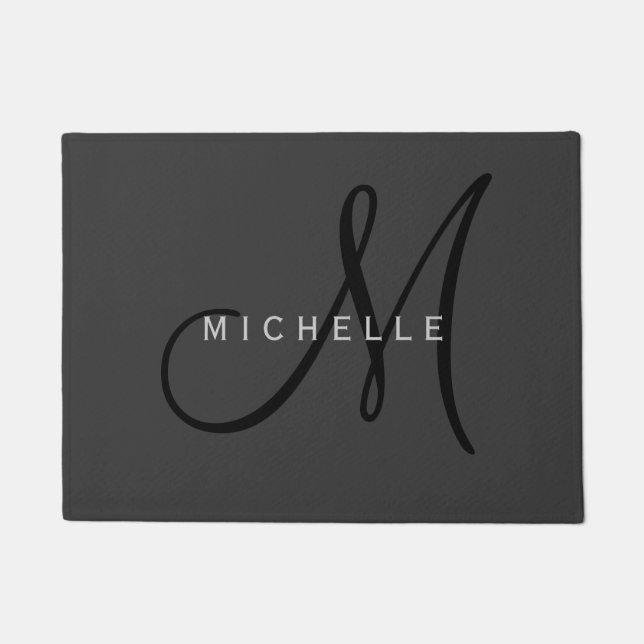 Professional Black Monogram Gray Your Name Doormat (Front)