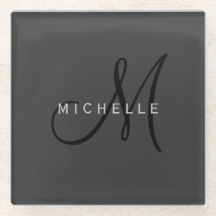 Professional Black Monogram Gray Your Name Glass Coaster