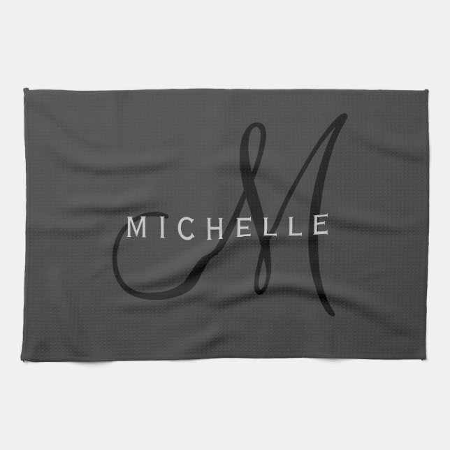 Professional Black Monogram Gray Your Name Kitchen Towel (Horizontal)
