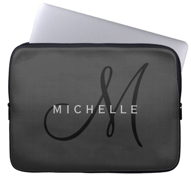 Professional Black Monogram Gray Your Name Laptop Sleeve (Front)