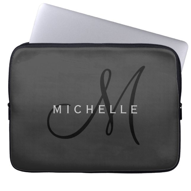 Professional Black Monogram Gray Your Name Laptop Sleeve (Front)
