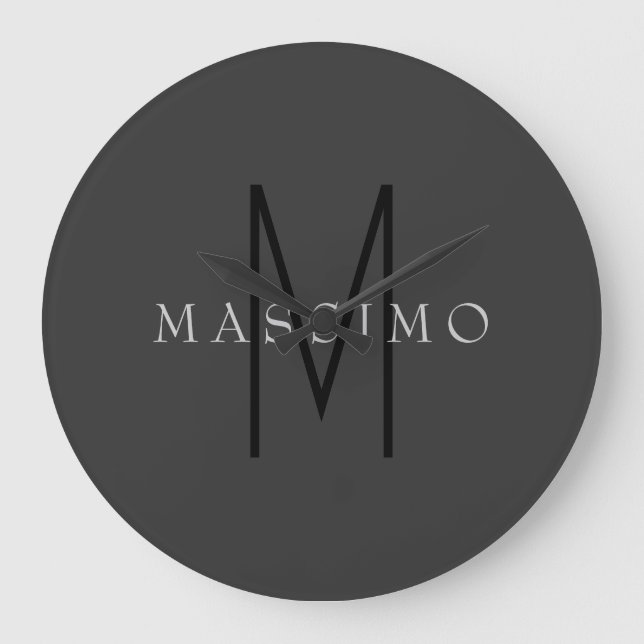 Professional Black Monogram Gray Your Name Large Clock (Front)