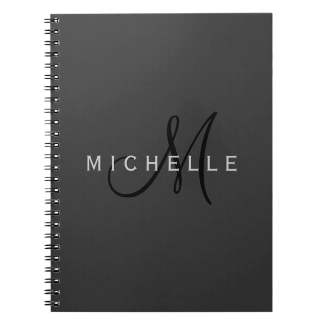 Professional Black Monogram Gray Your Name Notebook (Front)