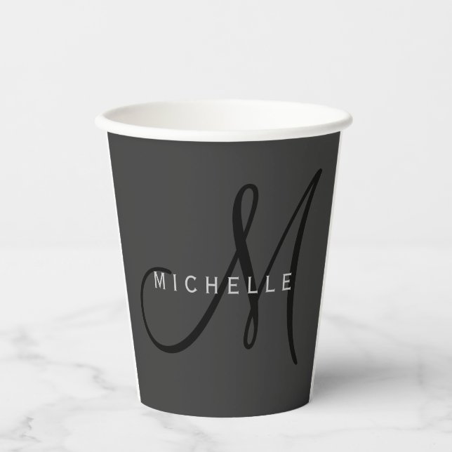 Professional Black Monogram Gray Your Name Paper Cups (Front)