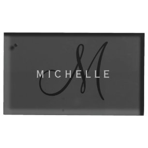 Professional Black Monogram Gray Your Name Place Card Holder