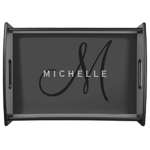 Professional Black Monogram Gray Your Name Serving Tray