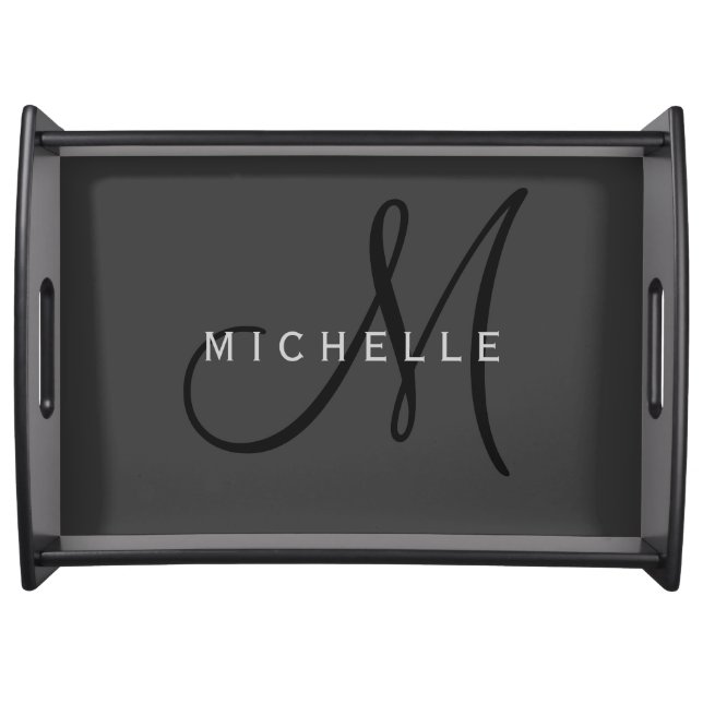 Professional Black Monogram Gray Your Name Serving Tray (Front)