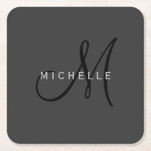 Professional Black Monogram Gray Your Name Square Paper Coaster