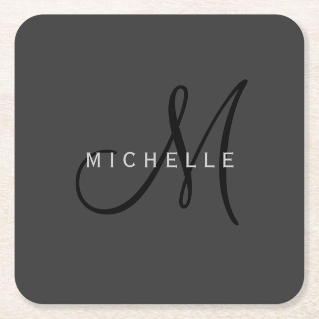 Professional Black Monogram Gray Your Name Square Paper Coaster (Front)