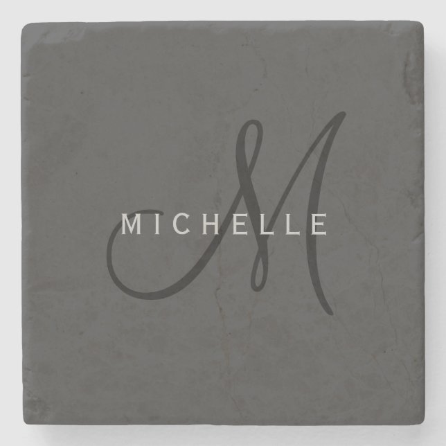 Professional Black Monogram Gray Your Name Stone Coaster (Front)