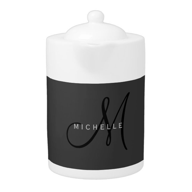 Professional Black Monogram Gray Your Name Teapot (Front)