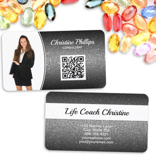 Professional Black Ombre Glitter Custom Photo QR Business Card