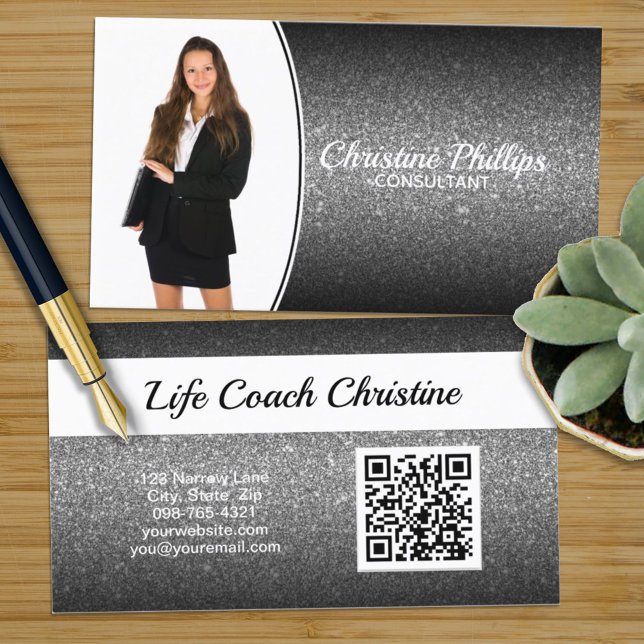 Professional Black Ombre Glitter Custom Photo QR Business Card (Creator Uploaded)