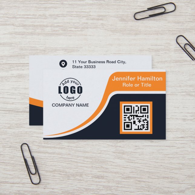 Professional Black Orange add your Logo QR Code Bu Business Card (Front/Back In Situ)
