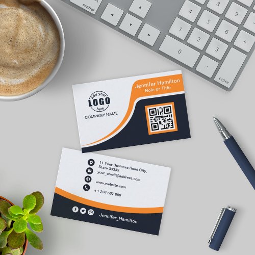 Professional Black Orange add your Logo QR Code Bu Business Card