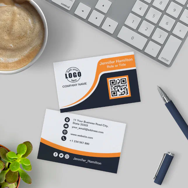 Professional Black Orange add your Logo QR Code Bu Business Card | Zazzle