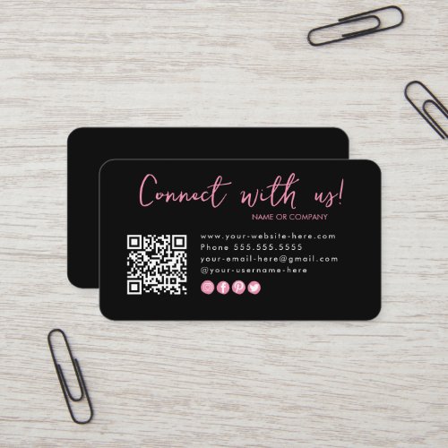 Professional Black Pink Connect with us Qr Code Business Card