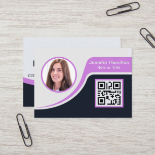 Professional Black Purple add your Logo QR Busines Business Card