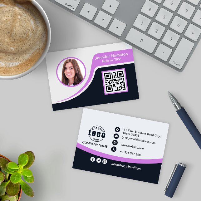 Professional Black Purple add your Logo QR Business Card (Creator Uploaded)