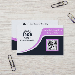 Professional Black Purple add your Logo QR Code Bu Business Card