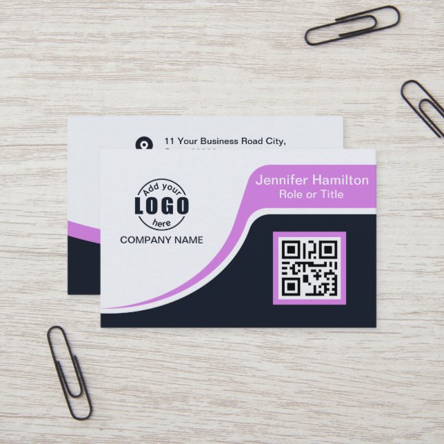 Professional Black Purple add your Logo QR Code Bu Business Card (Front/Back In Situ)
