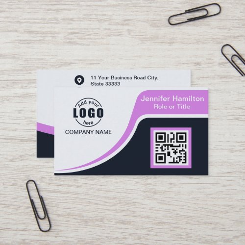 Professional Black Purple add your Logo QR Code Bu Business Card