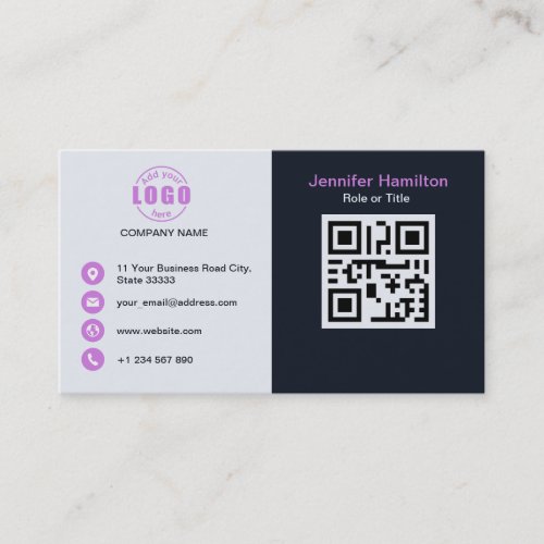 Professional Black Purple add your Logo QR Code Business Card